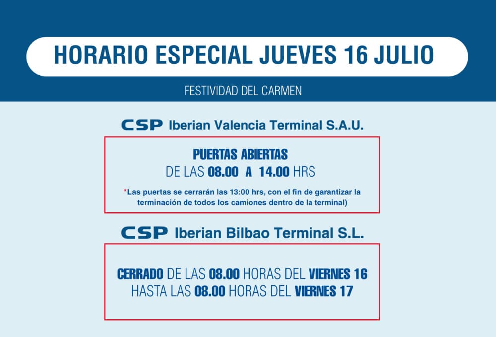 Aviso importante horarios de la festividad del Carmen en nuestras terminales marítimas