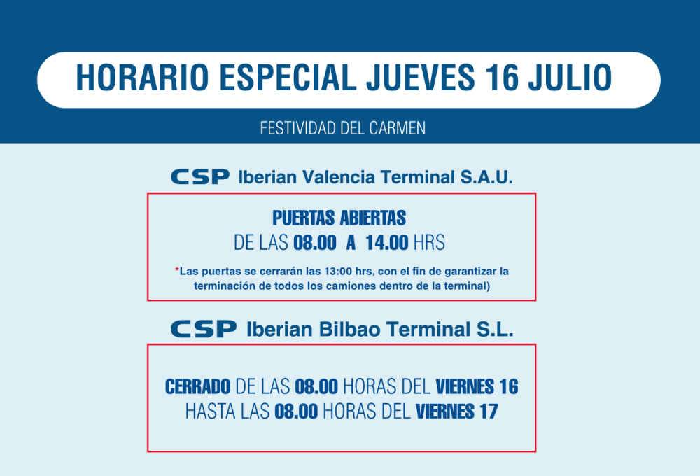 Important notice: Schedules for the of Our Carmen Festivities at our maritime terminals